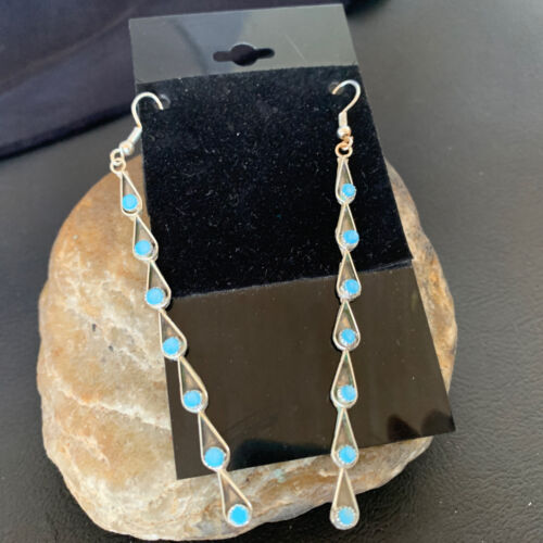 Navajo Green Turquoise Dangle Earrings | Sterling Silver | 3" Long | Authentic Native American Handmade | 12120
