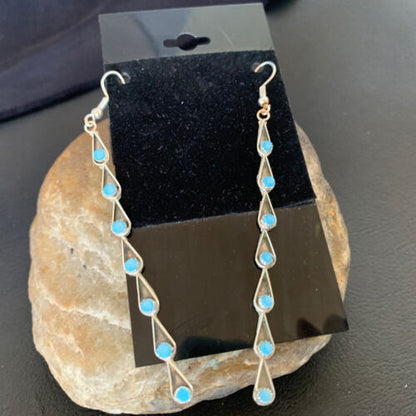Navajo Green Turquoise Dangle Earrings | Sterling Silver | 3" Long | Authentic Native American Handmade | 12120