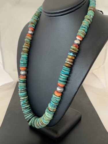 Native Navajo Pearls Graduated Turquoise Sterling Silver Necklace 23” 480