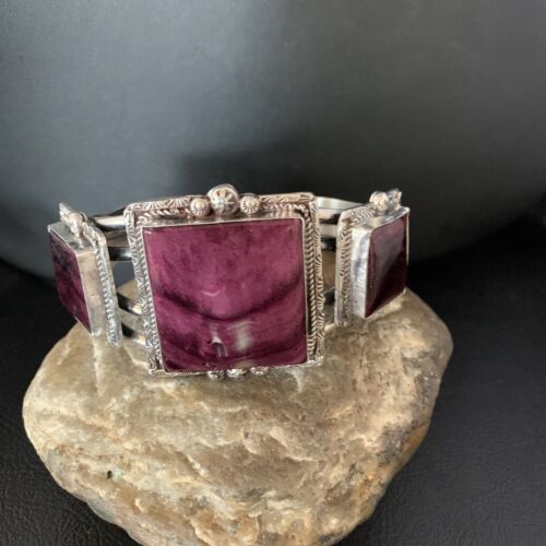 Navajo Purple Spiny Oyster Row Cuff Bracelet | Sterling Silver | Authentic Native American Handmade | 14210