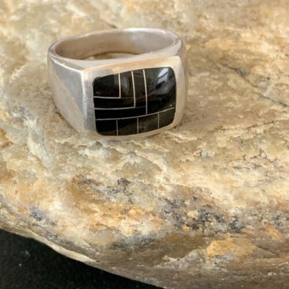 Native American Men's Navajo Black Onyx Inlay Ring | Sterling Silver | Sz 9 | 10738