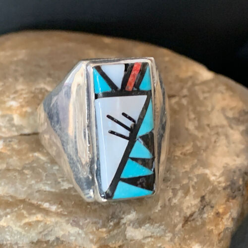 Native American Zuni Men's Spiny Blue Turquoise Inlay Ring | Sterling Silver | Sz 15 | 12424