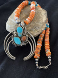 Navajo Turquoise & Spiny Oyster Naja Pendant Necklace | Sterling Silver Navajo Pearls | 1020