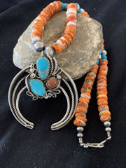Navajo Turquoise & Spiny Oyster Naja Pendant Necklace | Sterling Silver Navajo Pearls | 1020