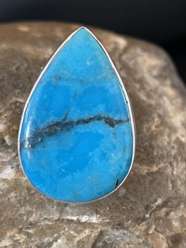 Navajo Blue Kingman Turquoise Ring | Sterling Silver | Sz 8 | Teardrop | Authentic Native American Handmade | 10509