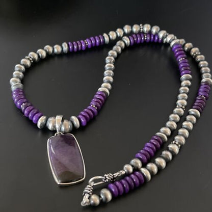 Navajo Pearls Necklace with Purple Sugilite Pendant | Sterling Silver | Authentic Native American Handmade | 11337