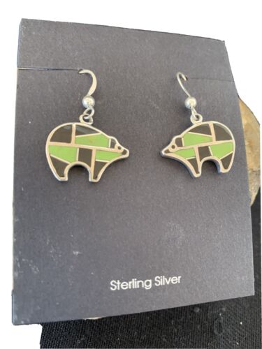 Navajo Green Gaspeite & Onyx Bear Inlay Earrings | Sterling Silver | 0.25" | 1512