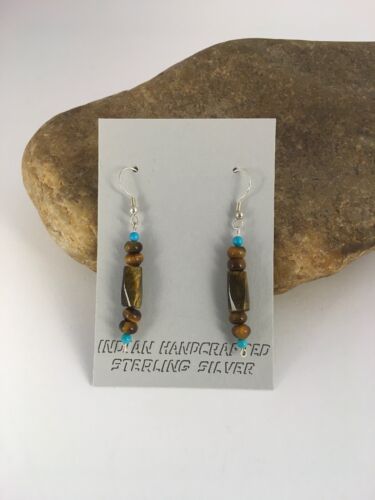 Navajo Turquoise & Tiger's Eye Earrings | Sterling Silver | Authentic Native American Handmade | 8863