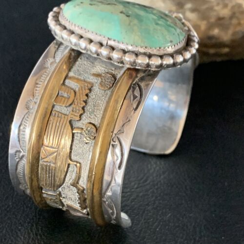 Navajo Green Turquoise Cuff Bracelet | Sterling Silver & 12K Gold | Authentic Native American Handmade | 14116 - Masha USA