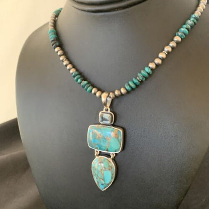 Navajo Pearls Sterling Silver Necklace with Blue Mojave AZ Turquoise Pendant | Multi-Stone | 11819