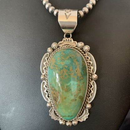 Navajo Green Royston Turquoise Pendant Necklace | Sterling Silver | Authentic Native American Handmade | 10238