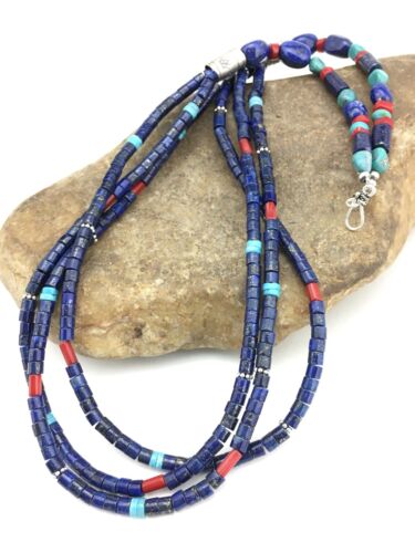 Southwestern Navajo Lapis Turquoise Necklace | 3-Strand | Sterling Silver | 24" | 1361