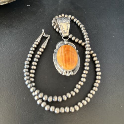 Navajo Pearls Orange Spiny Oyster Necklace Pendant | Sterling Silver | Authentic Native American Handmade | 14718