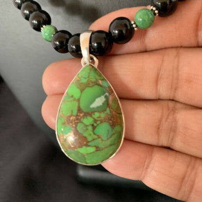 Navajo Pearls Onyx Mojave Turquoise Pendant Necklace | Sterling Silver | Authentic Native American Handmade | 10346