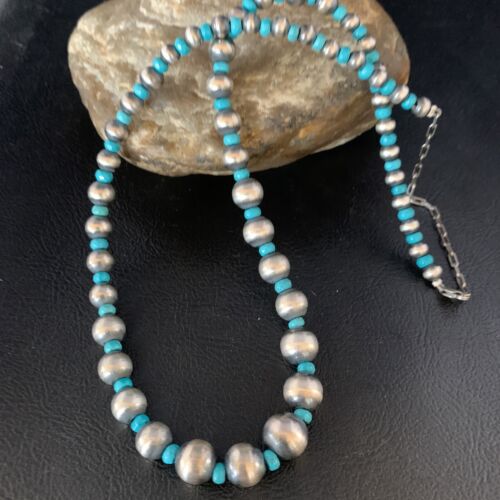 Navajo Pearls Graduated Blue Turquoise Bead Necklace | Sterling Silver | 16" | 13593