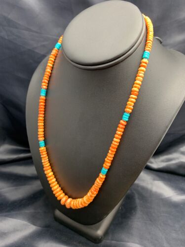 Navajo Spiny Oyster & Turquoise Graduated Necklace | Sterling Silver | Authentic Native American | 20" | 4608