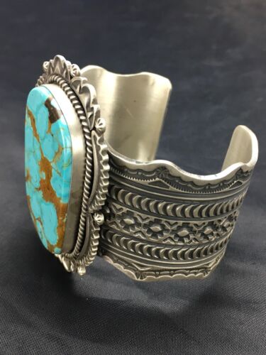 Navajo Men's Turquoise #8 Cuff Bracelet | Sterling Silver | Authentic Native American Handmade | 13646
