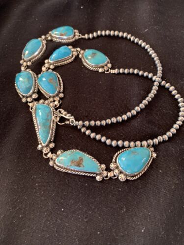 Navajo Kingman Turquoise Pendant Lariat Necklace | Sterling Silver Navajo Pearls | 1188