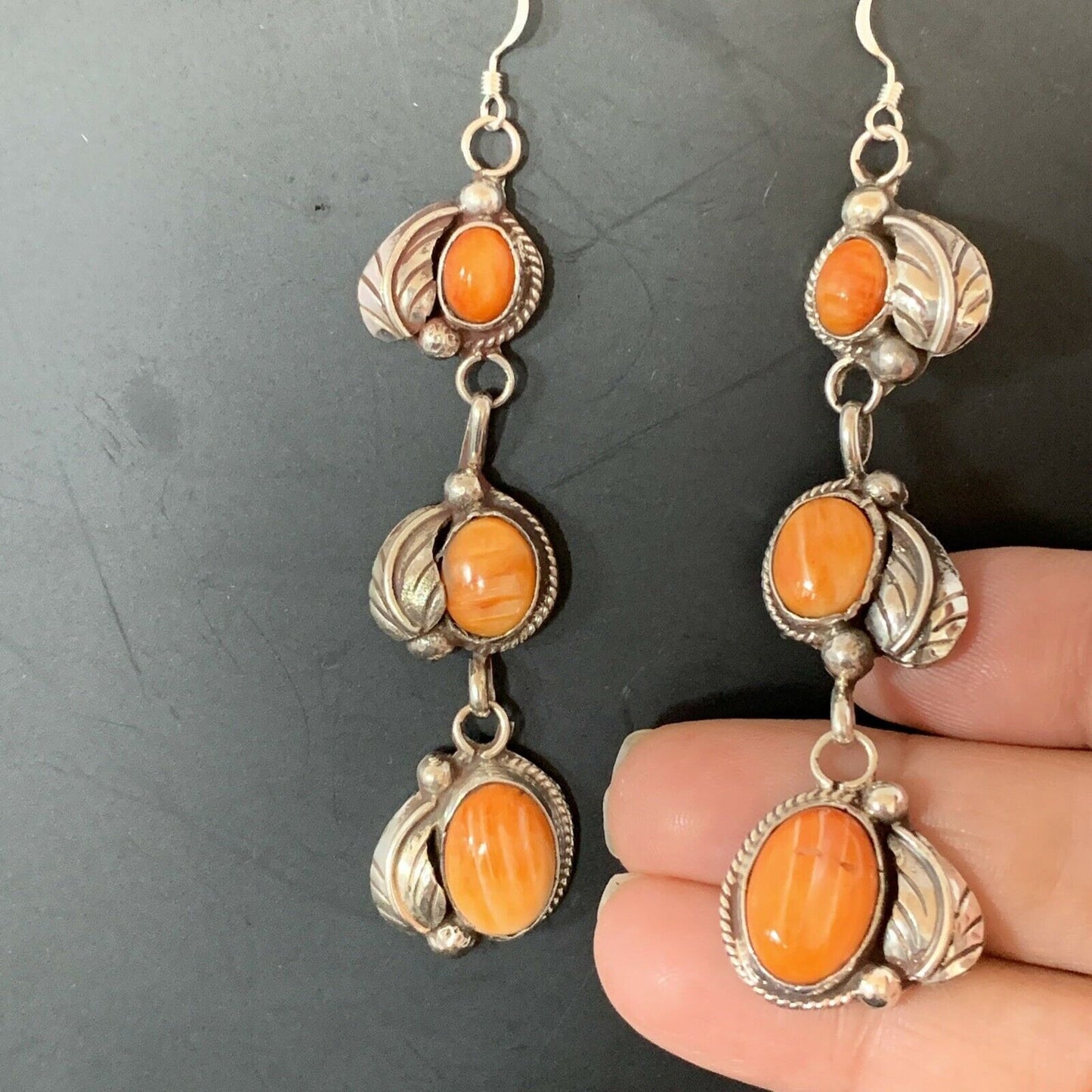 Stunning Handmade Navajo Orange Spiny Oyster Dangle Earrings | Sterling Silver | Authentic Native American | 1226