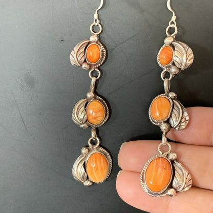 Stunning Handmade Navajo Orange Spiny Oyster Dangle Earrings | Sterling Silver | Authentic Native American | 1226