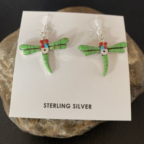 Dragonfly Green Gaspeite Coral MOP Inlay Sterling Silver Earrings 1" 13319