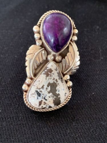 Navajo White Buffalo Turquoise & Sugilite Ring | Authentic Native American Sterling Silver | Multi-Stone | Sz 9.5 | 00310
