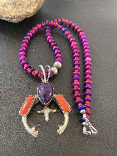 Navajo Sterling Silver Necklace with Purple Sugilite and Red Coral Naja Pendant | Authentic Native American Handmade | 02150