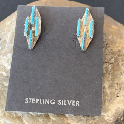 Zuni Blue Turquoise Needle-Point Dangle Post Earrings | Sterling Silver | 0.70" | 12751