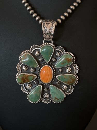 Navajo Spiny Oyster & Turquoise Cluster Pendant Necklace | Authentic Native American Sterling Silver | Multi-Stone | 01118