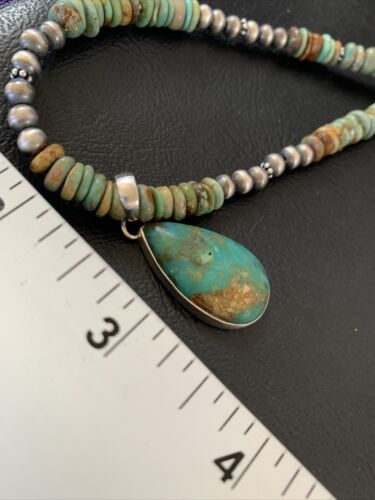 Navajo Green Turquoise Pendant Necklace | Sterling Silver | Authentic Native American Handmade | 11779