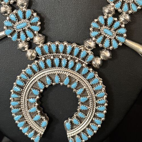 Navajo Dual Side Blue White Buffalo Turquoise Squash Blossom Necklace | Sterling Silver | 14457