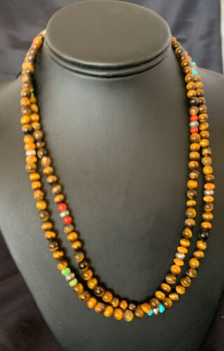 Navajo Tigers Eye Spiny Oyster Turquoise Necklace | Sterling Silver | 20" | Authentic Native American Handmade | 11834