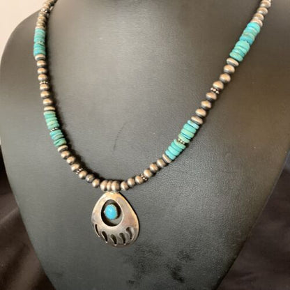 Navajo Bear Paw Pendant Necklace | Sterling Silver | Blue Turquoise | Men's | Authentic Native American Handmade | 12550
