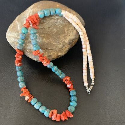 Southwestern Santo Domingo Red Coral Blue Turquoise Necklace | 28" | Authentic Native American Handmade | 12681
