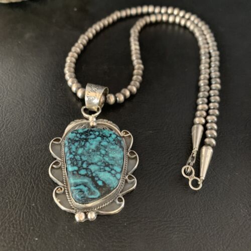 Navajo Spiderweb Turquoise Pendant Necklace | Sterling Silver | 2.25" | Authentic Native American Handmade | 13978