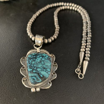 Navajo Spiderweb Turquoise Pendant Necklace | Sterling Silver | 2.25" | Authentic Native American Handmade | 13978