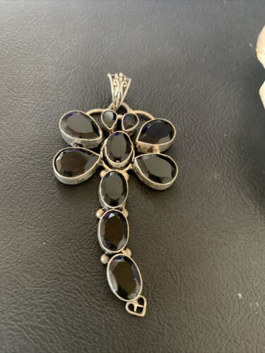 Navajo Dragonfly Pendant | Faceted Black Onyx Gems Cluster | Authentic Native American Sterling Silver | Multi-Stone | 3" | 12739