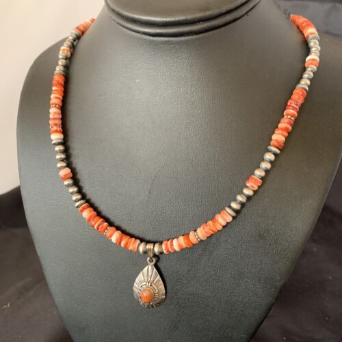 Navajo Pearl Necklace with Red Apple Coral & Spiny Oyster Pendant | Sterling Silver | 12373