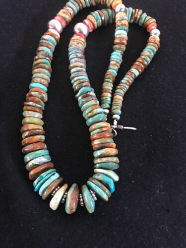 Authentic Native American Navajo Necklace | Green Turquoise & Spiny Oyster | Sterling Silver | 22" Pendant by Platero | 1255