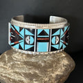 Zuni Sun Face Cuff Bracelet | Blue Turquoise & Coral Inlay | Sterling Silver | 14587