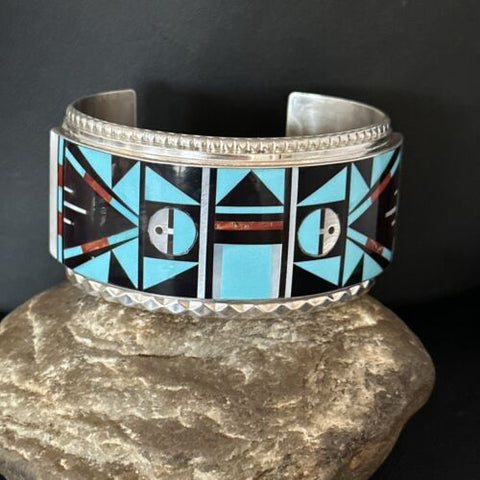 Zuni Blue Turquoise Coral Sun Face Sterling Silver Cuff Inlay Bracelet 14587