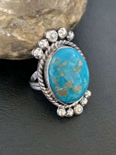 Navajo Blue Kingman Turquoise Ring | Sterling Silver | Sz 7.5 | Authentic Native American Handmade | 13381
