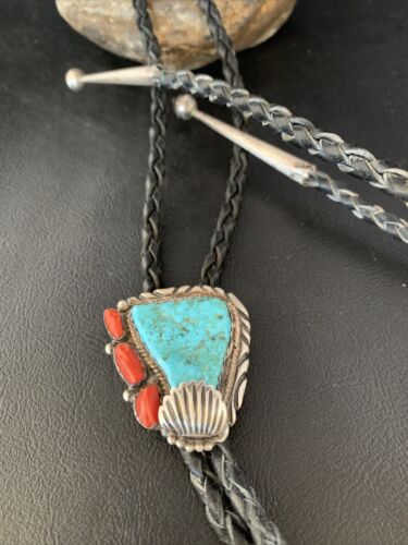 Ultra Rare Men's Bolo Tie | Blue Kingman Turquoise & Coral | Sterling Silver | Navajo | 13669