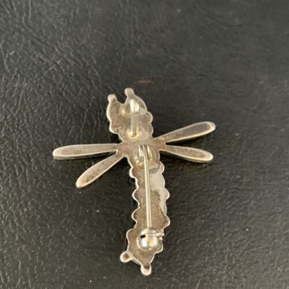 Zuni White Blue Opal Inlay Dragonfly Necklace Pin Pendant | Sterling Silver | 13683