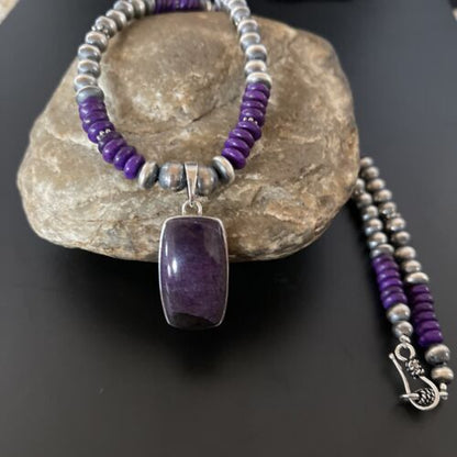 Navajo Pearls Necklace with Purple Sugilite Pendant | Sterling Silver | Authentic Native American Handmade | 11337