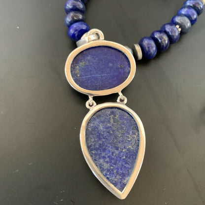 Navajo Sterling Silver Beads Necklace with Lapis Lazuli Pendant | 8mm | Authentic Native American Handmade | 11364