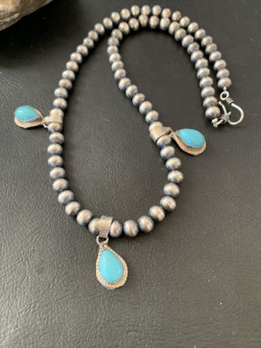 Navajo Handmade Sterling Silver Turquoise Necklace | 3 Teardrop Pendants | Authentic Native American | 1952