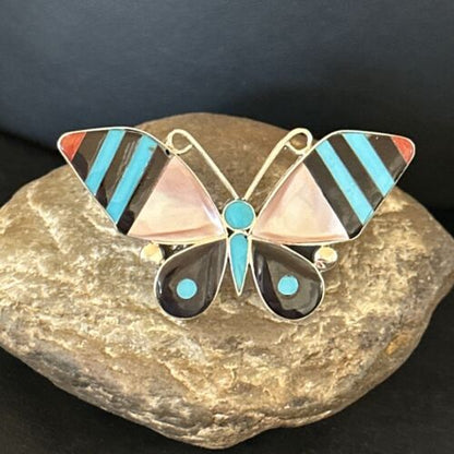 Zuni Butterfly Inlay Ring | Coral Turquoise Onyx Mother of Pearl | Sz 7 | Sterling Silver | 14436
