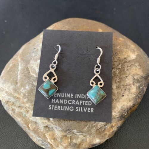 Navajo Blue Turquoise Dangle Earrings | Sterling Silver | 0.5" | Authentic Native American Handmade | 12750