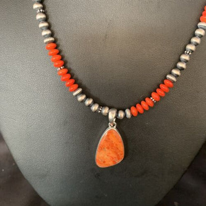 Native American Navajo Red Apple Coral Pendant Necklace | Sterling Silver Naja | 13944